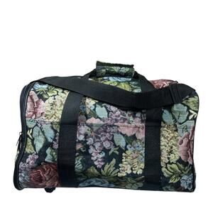 Vtg Tapestry Black Floral Cat Pet Carrier Bag with Wheels Adjustable Strap Tote